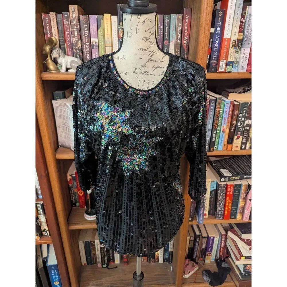 Vintage 80s 90s Silk Handbeaded Womens Size XL Sequin Blouse Top Shirt New Years